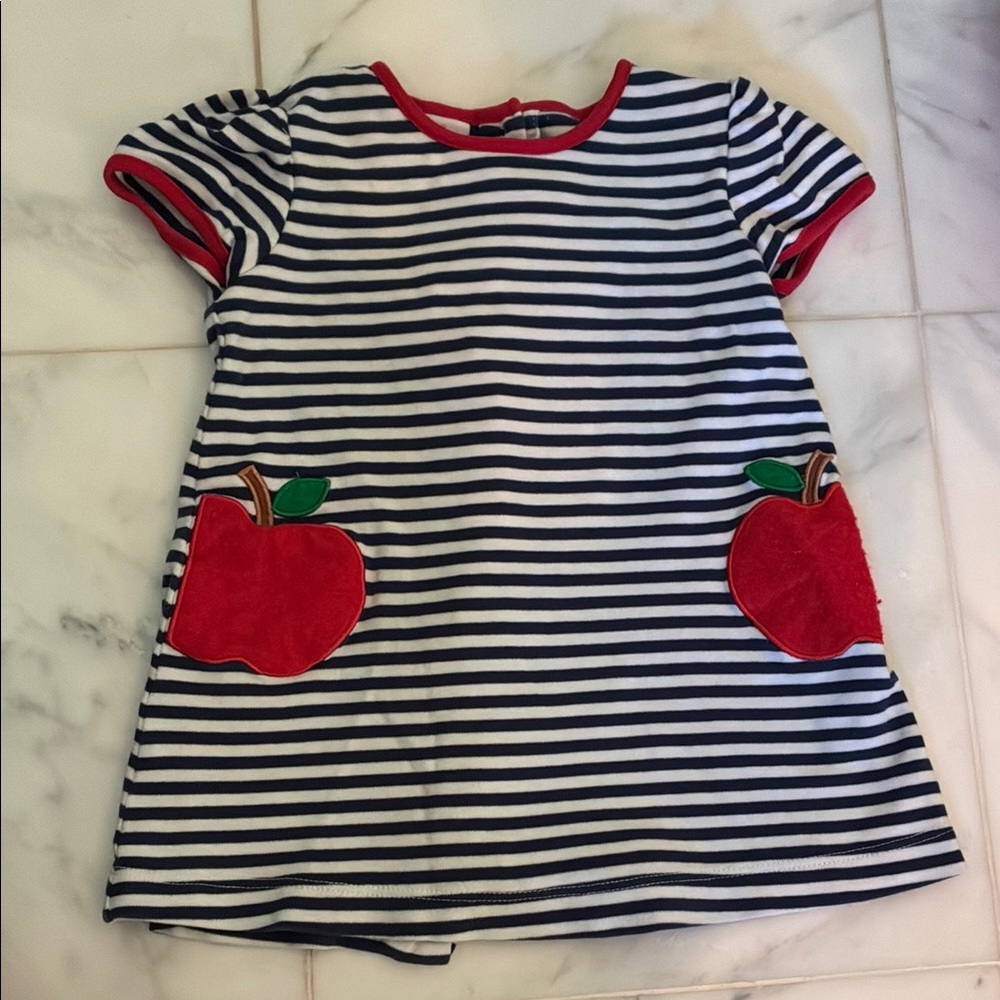 Adorable navy and white Striped Dress with Apple Pockets